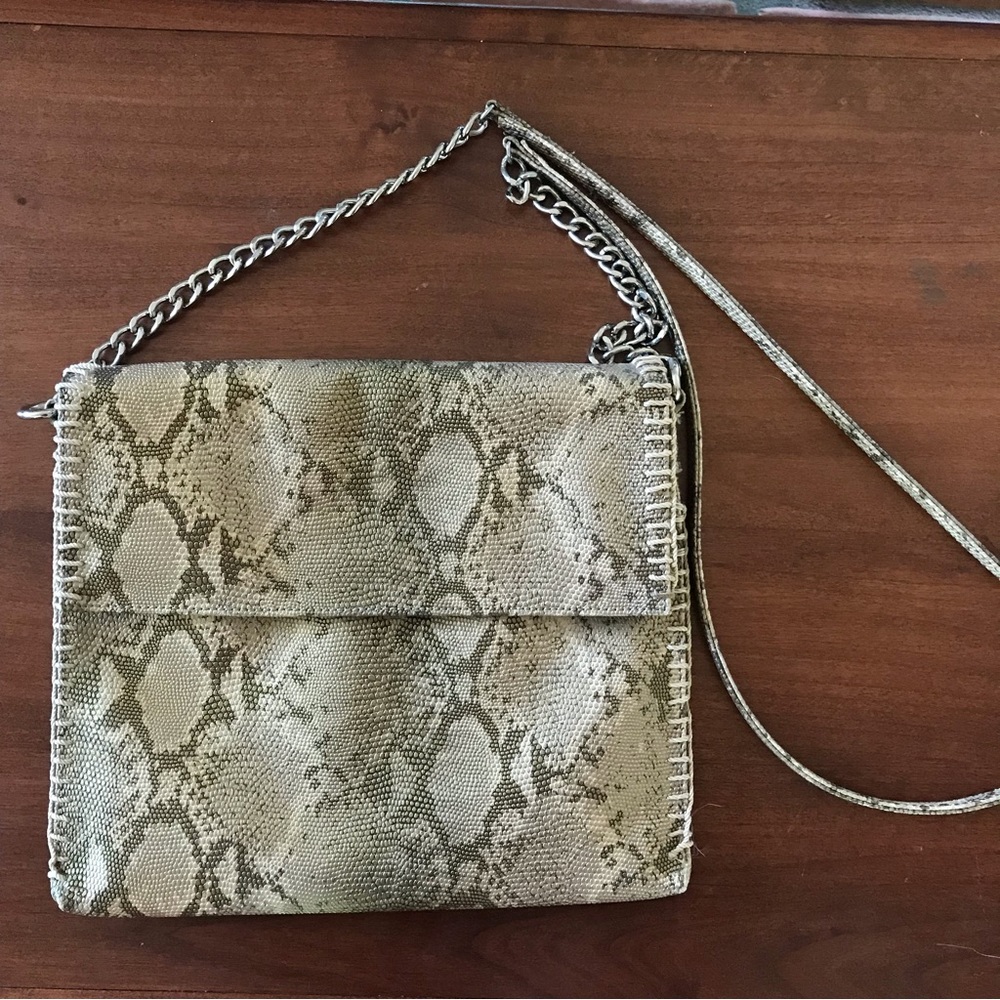 Chico’s Snakeskin Embossed Faux Leather Crossbody Metallic Chain Snake Gold Bag